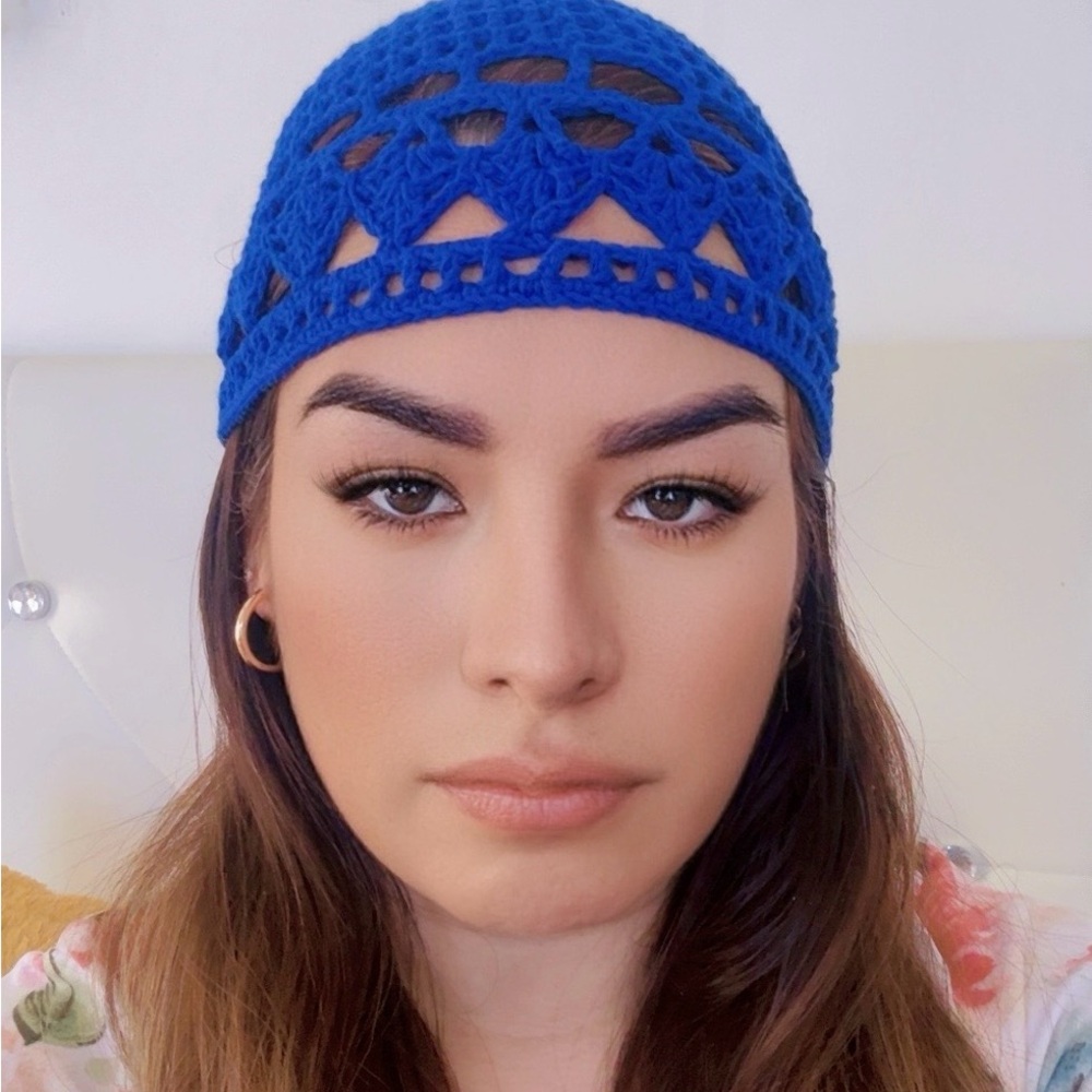 Elegant Boho Blue handmade boho crochet Beret/bennie hat for Women. New